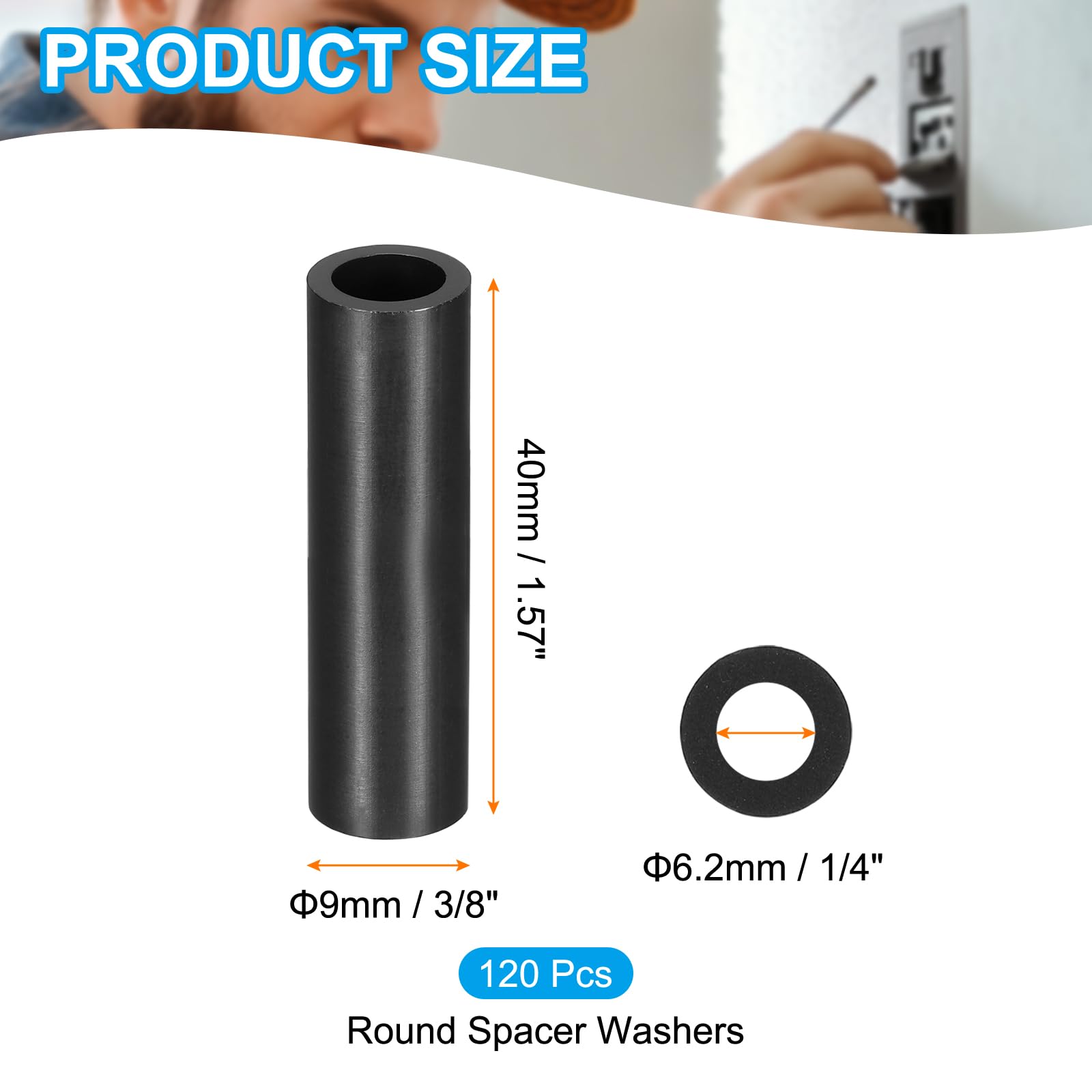 PATIKIL 120Pcs M4 ABS Spacers M6 x 9mm OD x 40mm L Plastic Round Spacer Washers Black Standoff Nut Unthreaded for Screws Bolts Electrical Outlet - Image 2