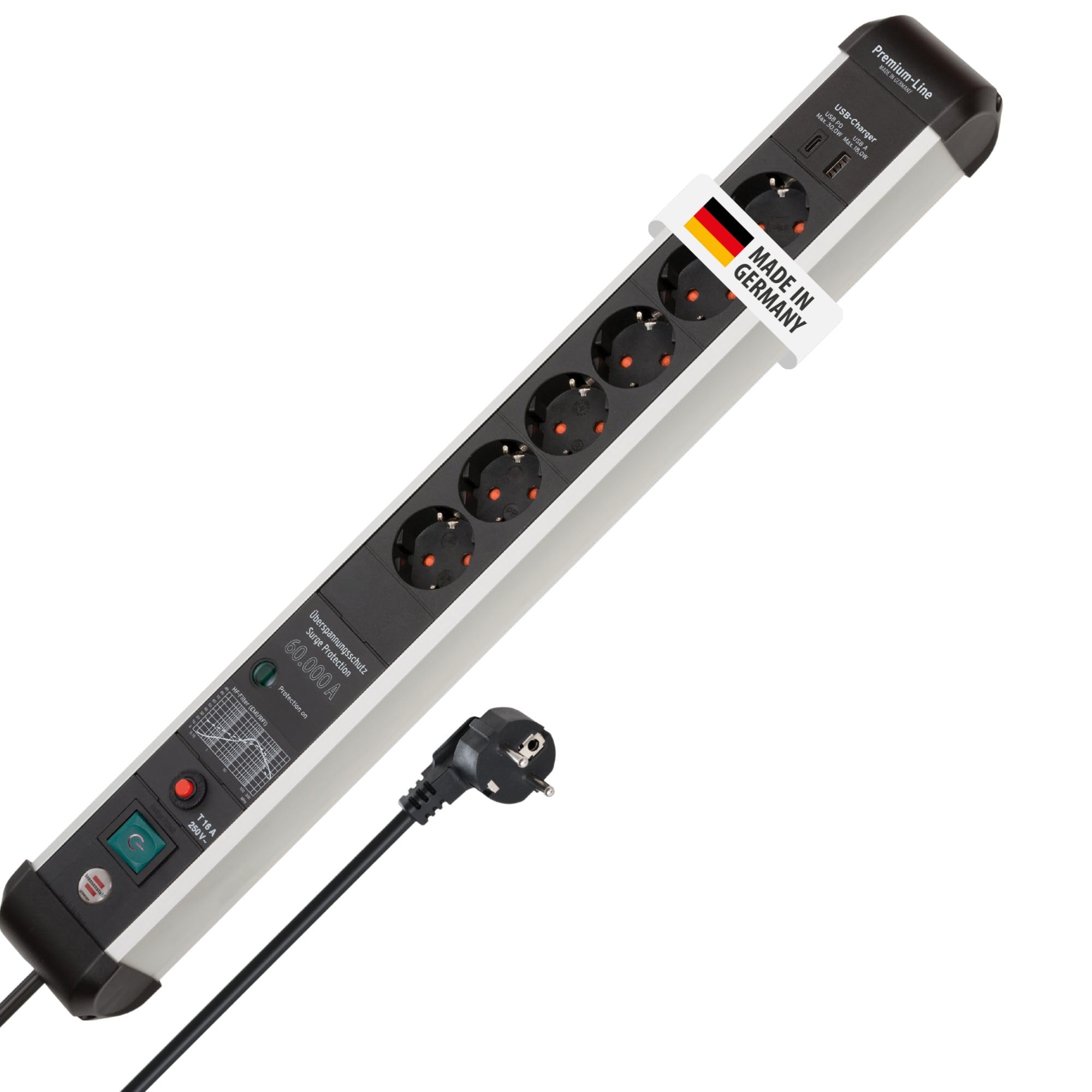 Brennenstuhl Premium-Protect-Line Steckdosenleiste 6-Fach mit USB C, 3m | Mit Überspannungsschutz, Mehrfachsteckdose mit Schalter,1x Charger Typ C PD und 1x USB-A, Made in Germany