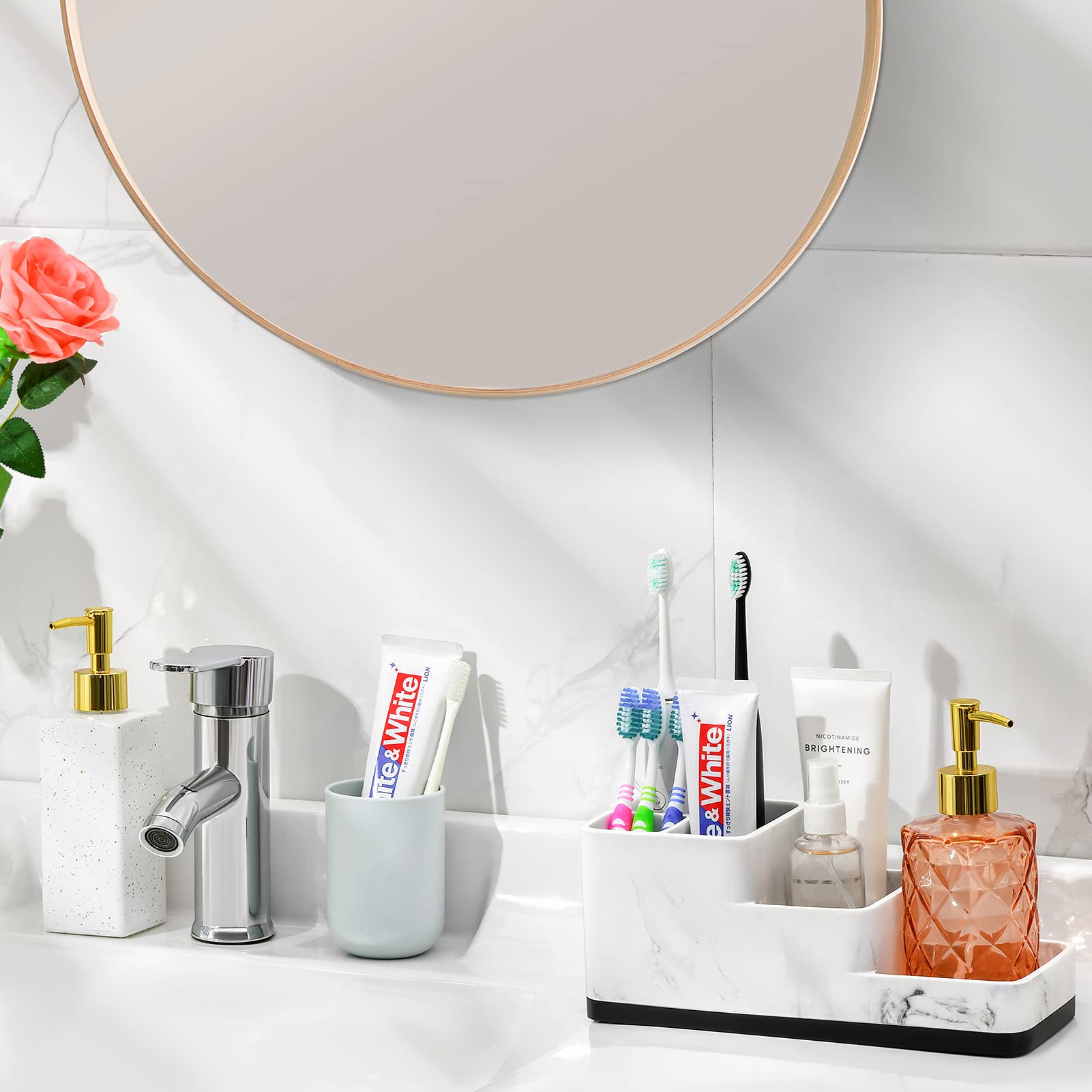 Porte Brosses à Dents Shinowa Marbré | Résine Avec Trou Drainage | Organisateur Salle De Bain | Blanc