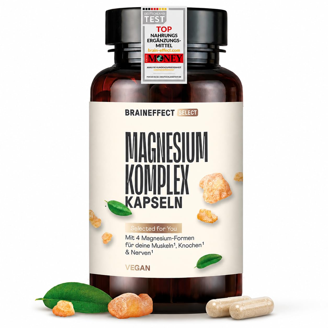 BRAINEFFECT Magnesium Komplex – 4 organische Formen, ohne Oxid, vegan | Mit Citrat, Bisglycinat, Malat & Taurat – 300mg Magnesium, hohe Bioverfügbarkeit, 180 Kapseln für 2 Monate, Made in Germany