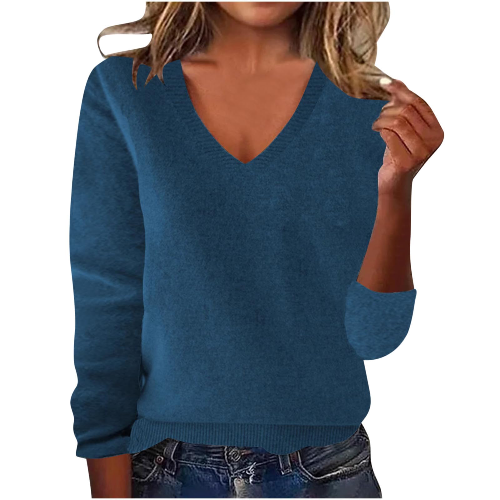 Womens V Neck Sweater Long Sleeve Knit Pullover Tops Casual Loose Fit Soft Lightweight Fall Winter Fashion Blouse