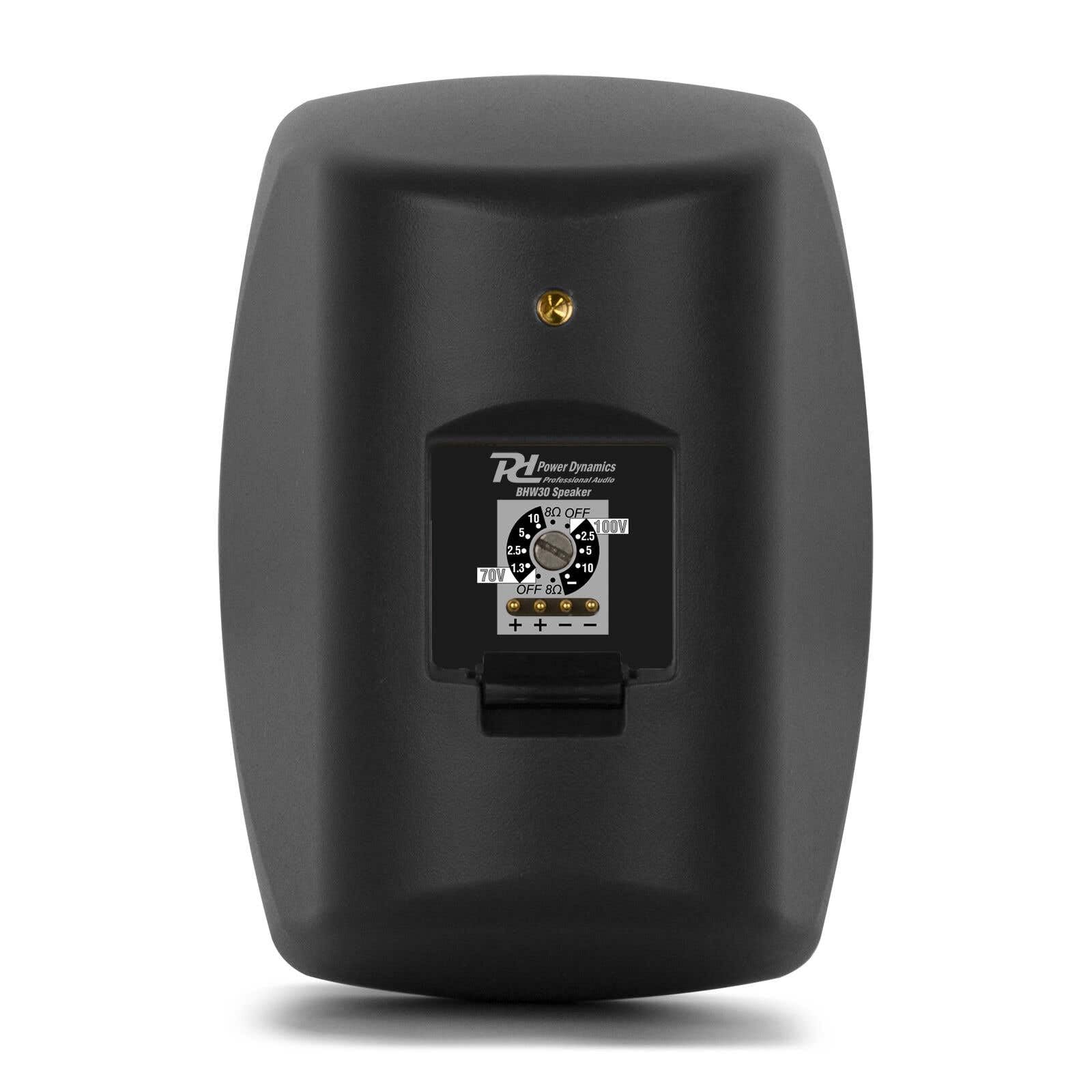 Power Dynamics BHW30BK Paire d'enceintes Murales Étanche 20 Watts RMS - Noir, 100V, 70V, 8 Ohms, IPX5, 3'', Support Inclinable, Idéal pour Diffuser Une Musique d'Ambiance en Terrasse, Jardin