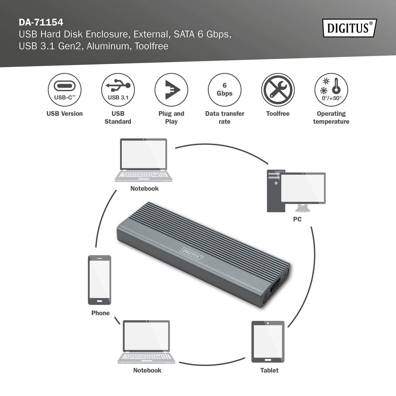DIGITUS alloggiamento esterno M.2 - USB 3.1 Gen2 Type-C - 6 Gbit/s - Supporta SSD SATA fino a 8 TB - per SSD 2230/2242/2260/2280 con B-Key - Senza attrezzi - Alloggiamento in alluminio - Grigio