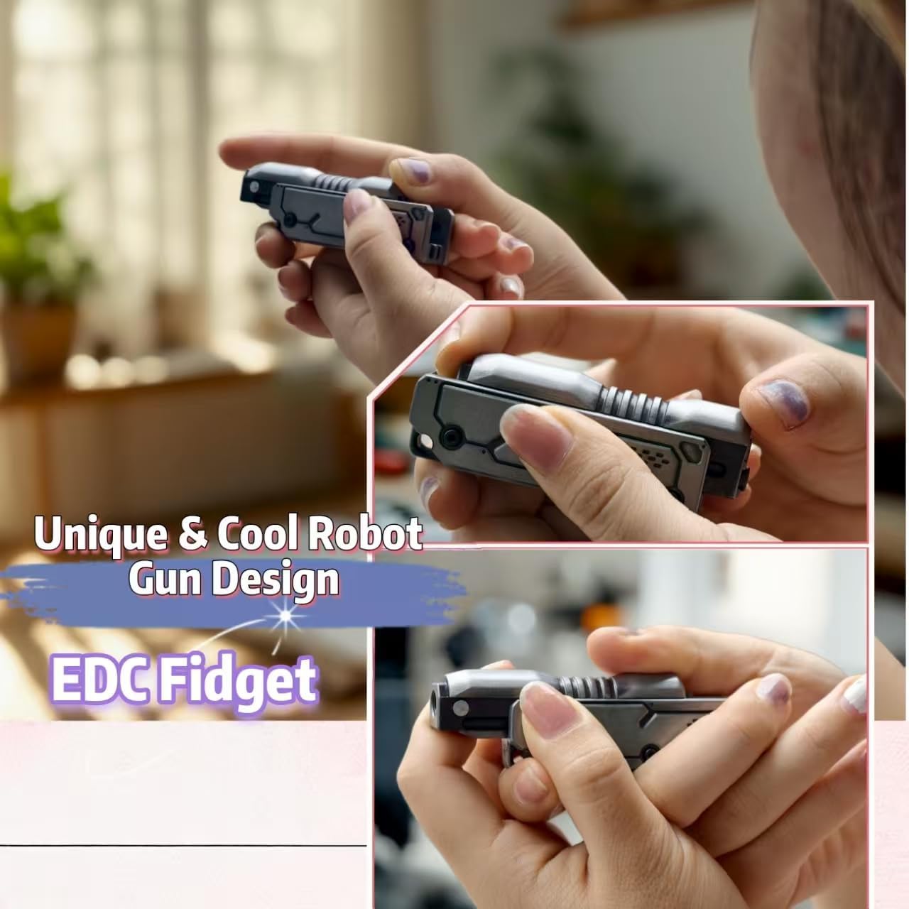 Metal Haptic Magnetic Slider - Robot Gun Fidget Toy for Adults (ADHD Focus), Stress & Anxiety Relief, Portable EDC Heavy Duty Fidget - Antique Silver