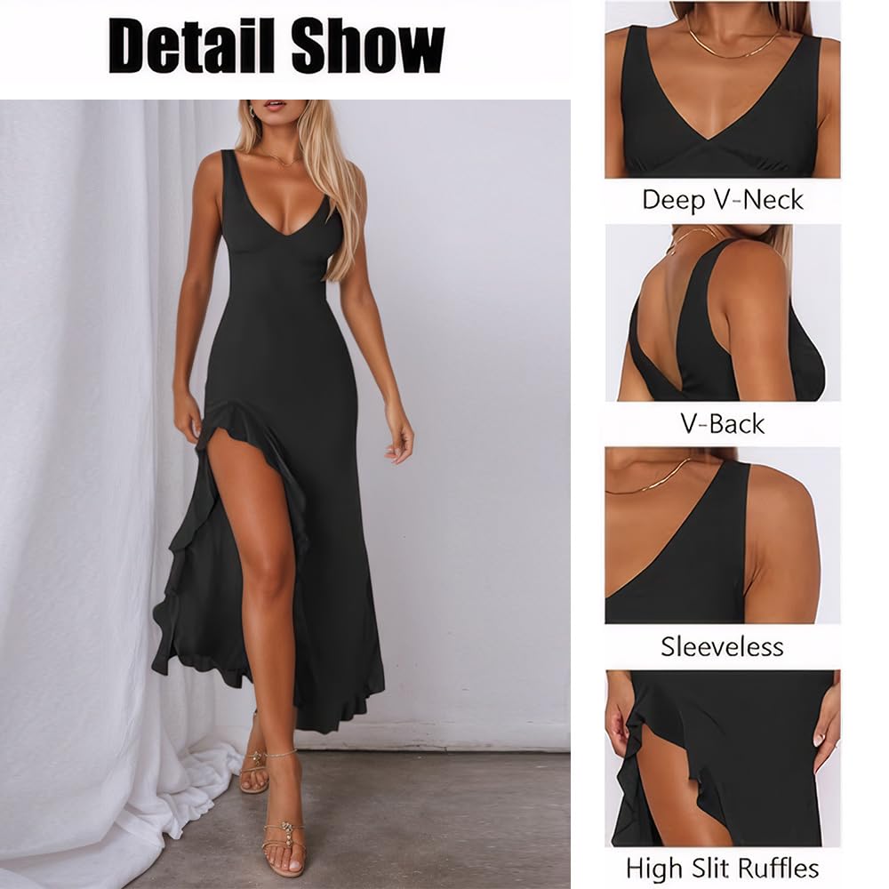 Vestido Mujer Maxi sin Manga con Cuello V Rajado Verano Elegante Volante Dobladillo Maxivestido para Cóctel Fiesta Noche(Negro/S)