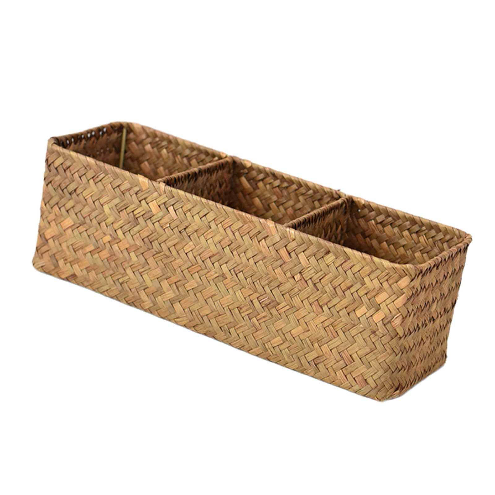 Buxuaaaa Handwoven Sea Grass Storage Box for Desk Organization 3 Compartment Desktop Basket with Lid Desk Organiser Home Storage Solution