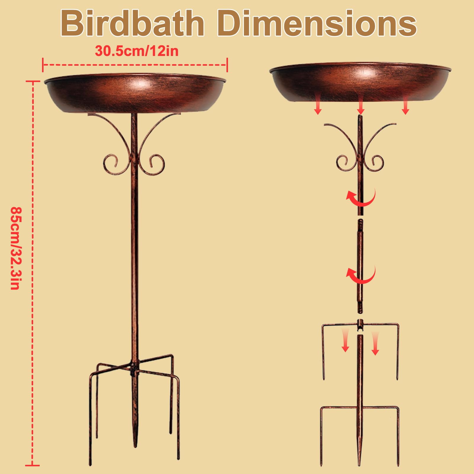 Restorgan Bird Bath for Garden, 32In Metal Vintage Freestanding Birdbaths & Supports, Upgraded 5-Pronged Base, Bird Baths Feeder Bowl for Outdoors Garden Patio Yard Lawn Decor — view 7