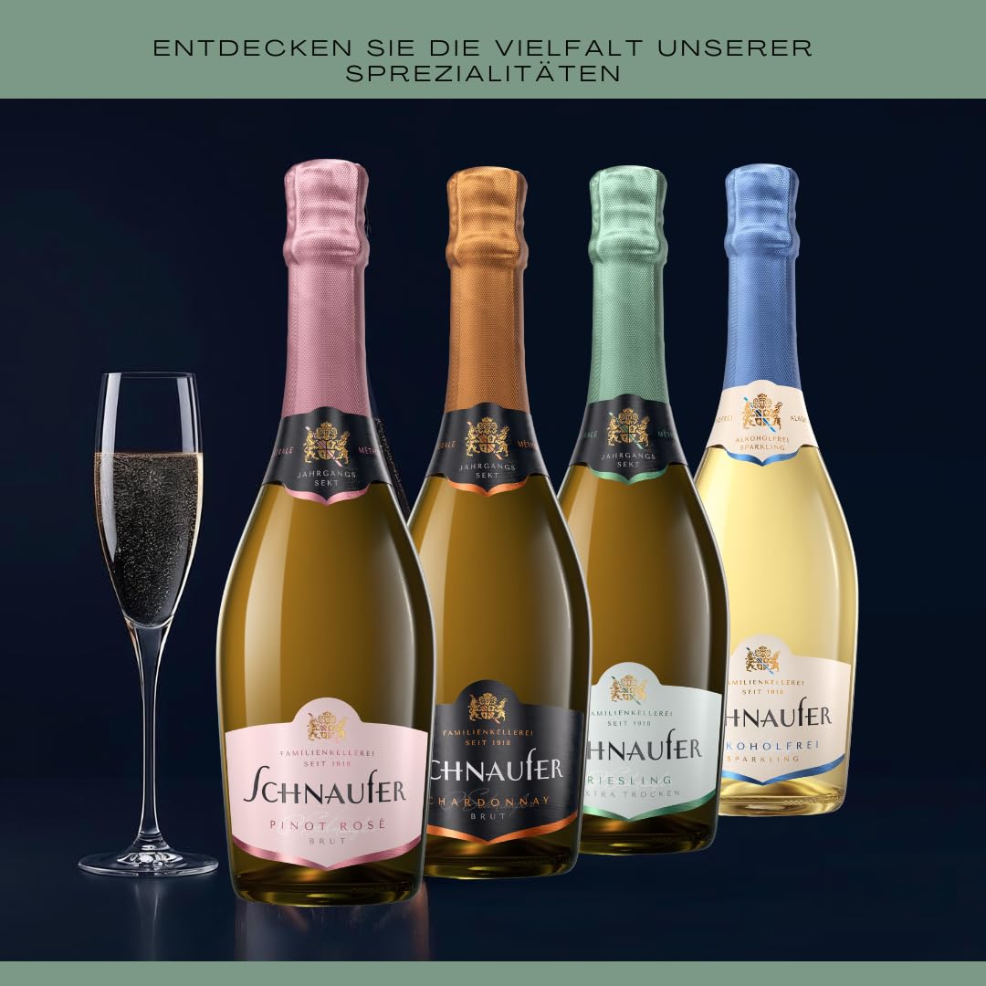 Schnaufer Riesling Extra Trocken Jahrgangssekt – Prämierter Sekt mit Pfirsich & Apfelnoten – Feinperlig & Frisch – Familienkellerei seit 1918 aus Baden-Württemberg (6 x 0,75L)