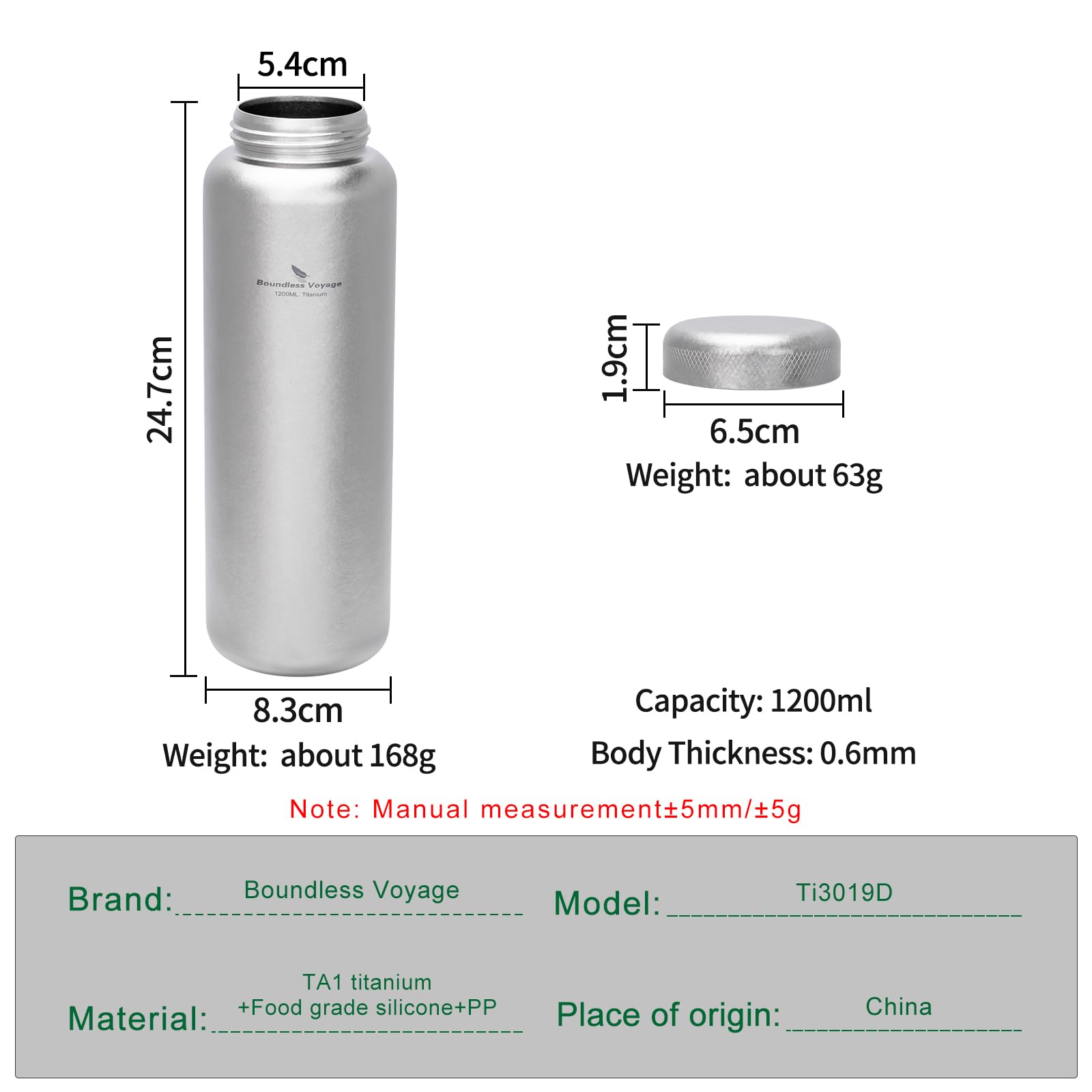 Bouteille d'eau en titane - 1,2 l - Grande capacité - Bouteille d'eau portable pour camping, randonnée, cyclisme, voyage, sports de plein air (Ti lid + cristal argenté)