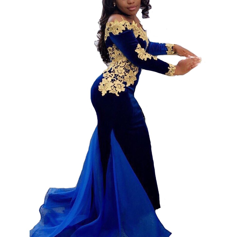 navy blue velvet prom dress