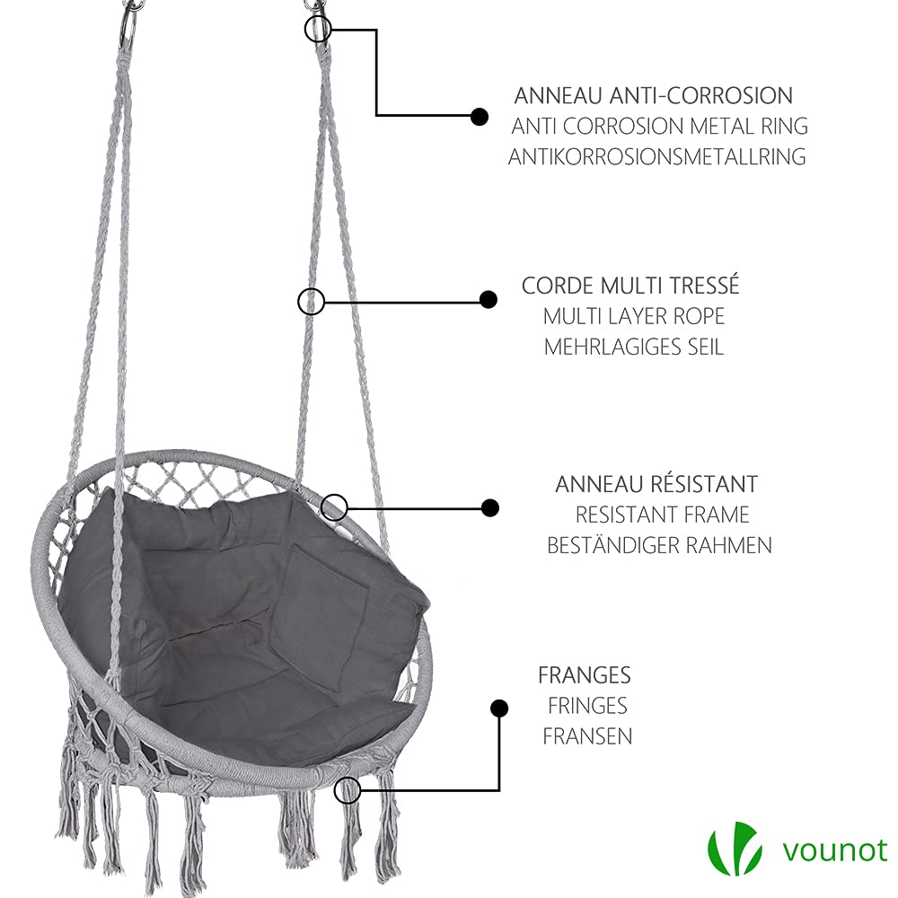 VOUNOT® Fauteuil Suspendu à Franges avec Coussins de Siège Confortables et Kit de Suspension Durable Ø80cm Chaise Balançoires pour Intérieur et Extérieur Siège Suspendu Gris