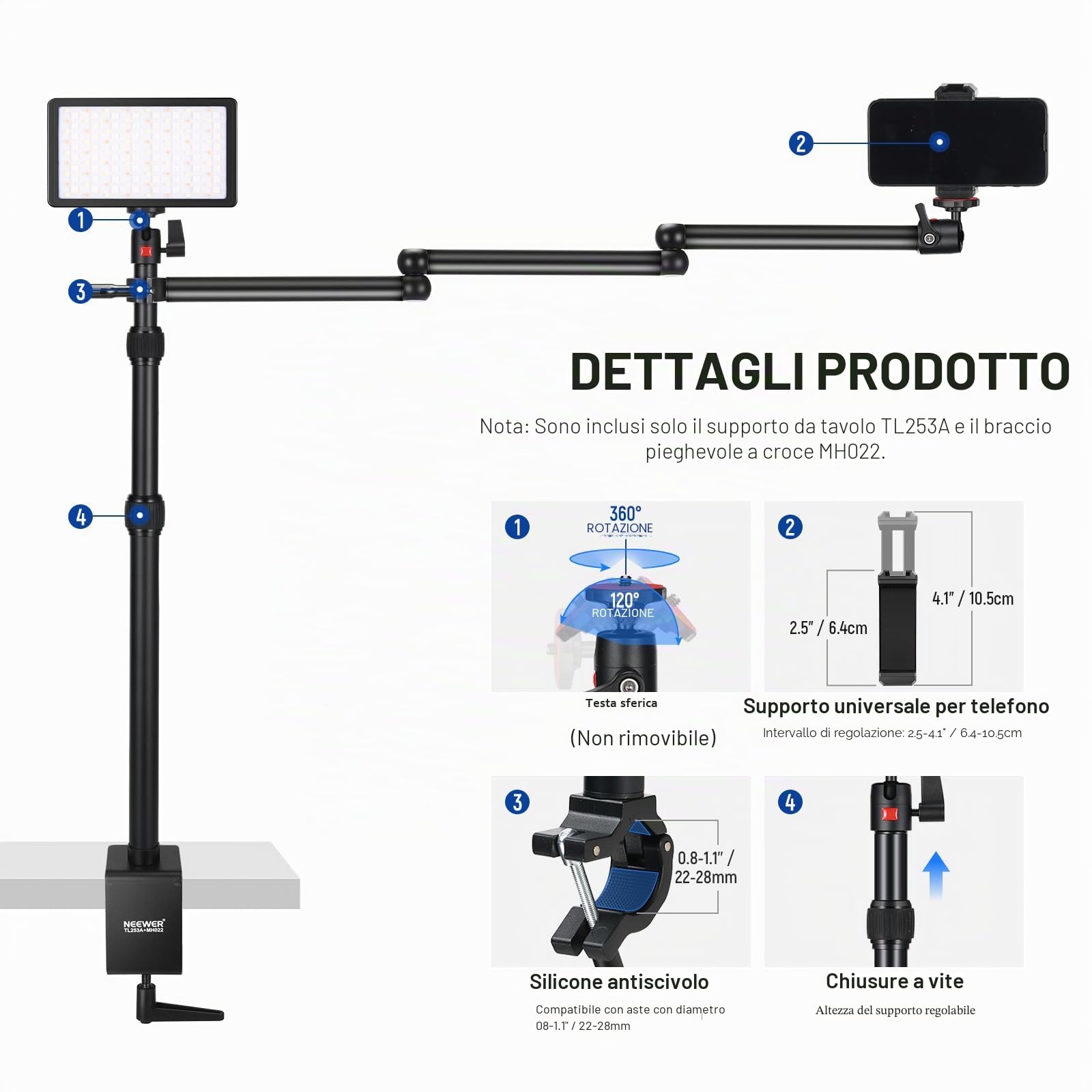 NEEWER Supporto Fotocamera da Alto Aggiornato+Braccio Fotocamera Ripieghevole(Max 2lb),1.2m Supporto Tavolo Telescopico (Max 8,8lb) con Portatelefono Testa Sfera per Luce LED Webcam Mic,TL253A+MH022