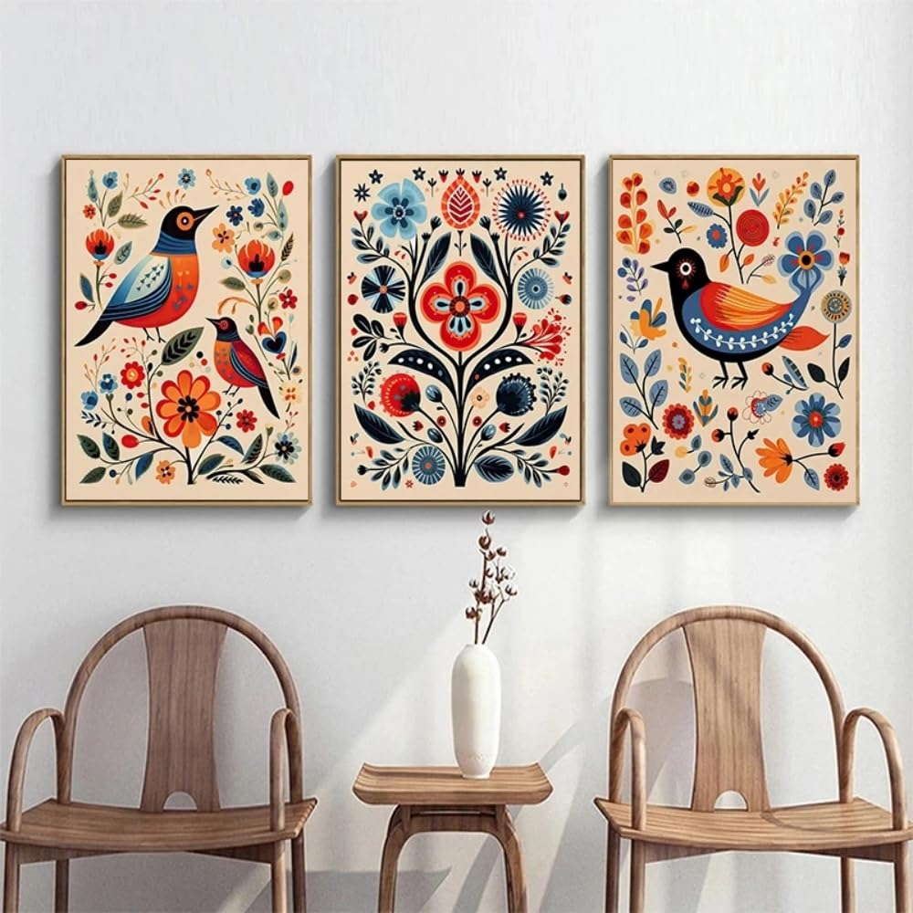 Hurcp White Set Of 3 Canvas Poster Abstract Norwegian Folk Art Floral Bird Nordic Scandinavian Wall Art Painting Gift Bedroom Living Room Dorm Gallery Corridor Decor Picture Print,50X70 Cm (19.7X27.6 In)