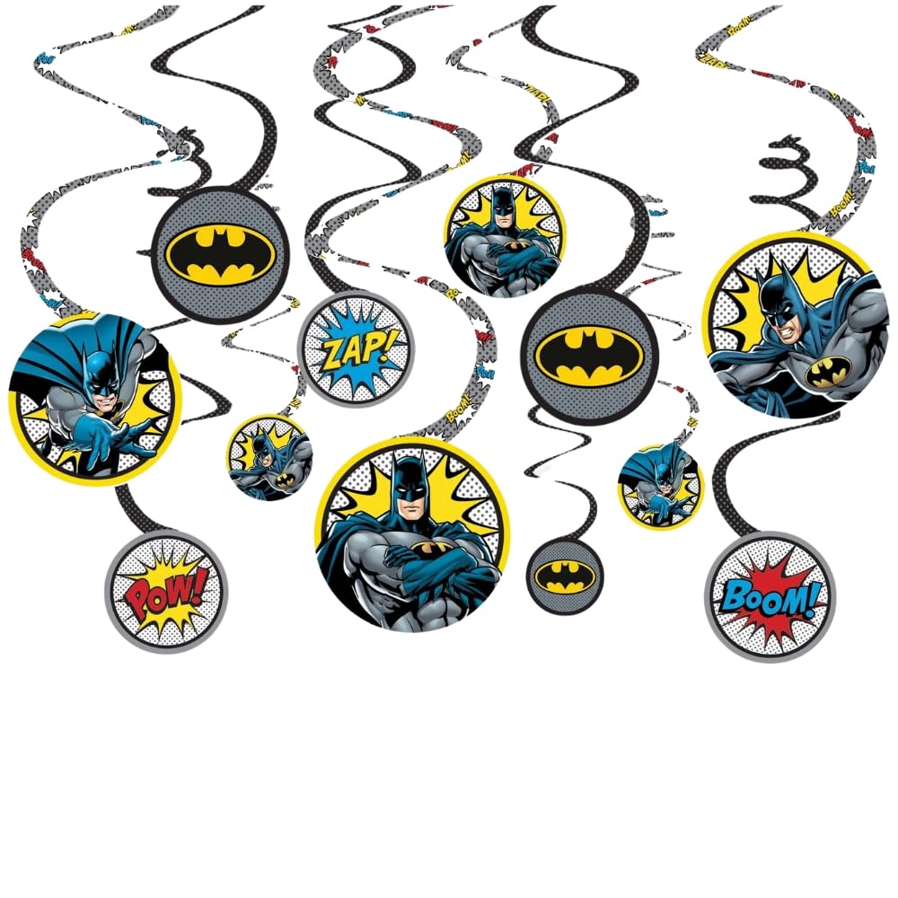 Batman Heroes Unite Spiral Decorations - 5" (12 Pcs) - Multicolor Cardstock & Foil Hanging Decors for Kids Birthday & Themed Parties