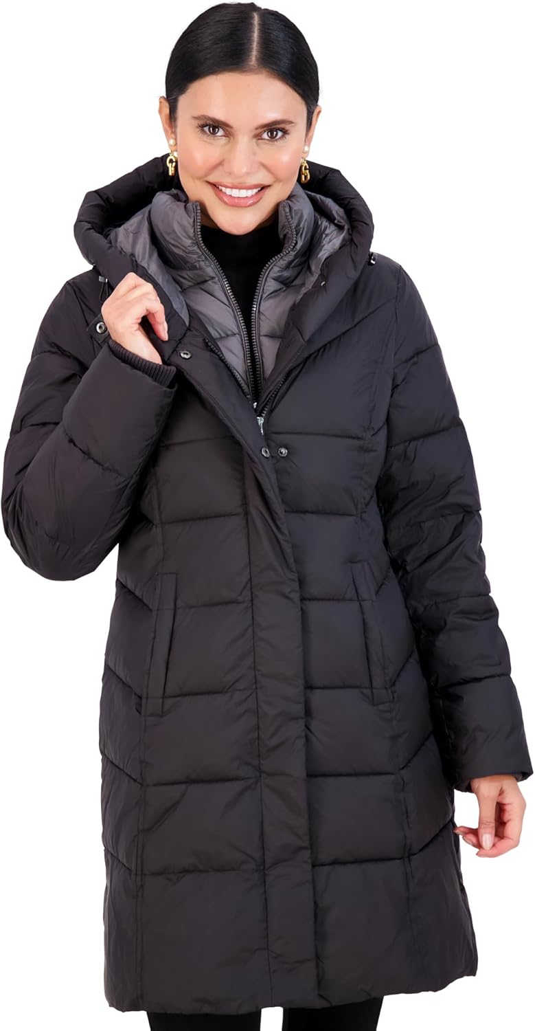 Jones NY Hooded Women’s Puffer Jacket with Pillow Collar Bib, Womens Winter Coat, Black