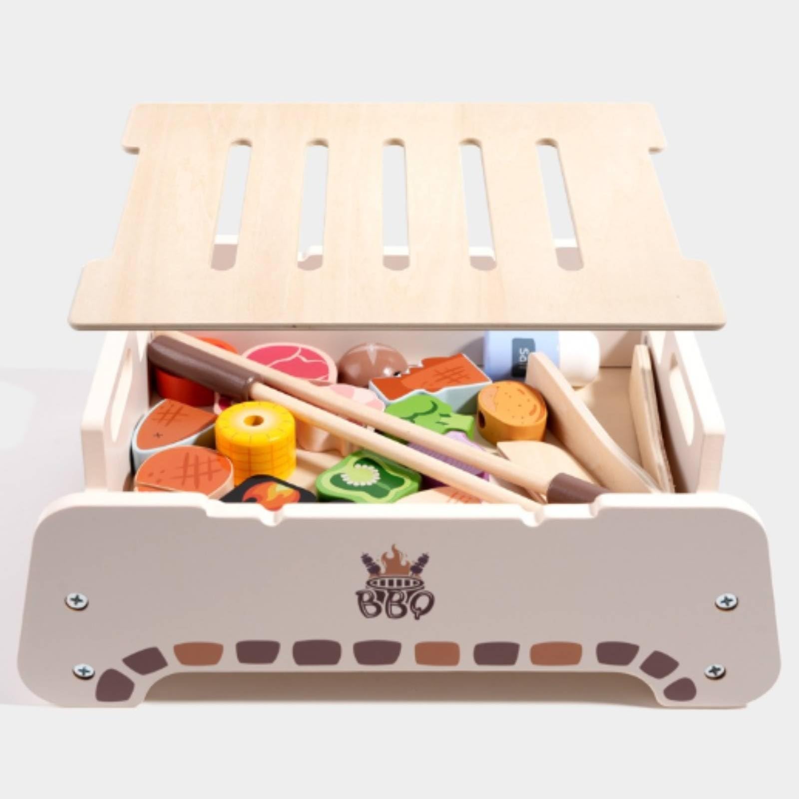Spielzeuggrill Spielküche Grillset Grillspielzeug Grillzubehör Holz Holzgrill mit Abnehmbarem Grillrost Gewürzstreuern Und Zubehör Stärkt Hand Auge