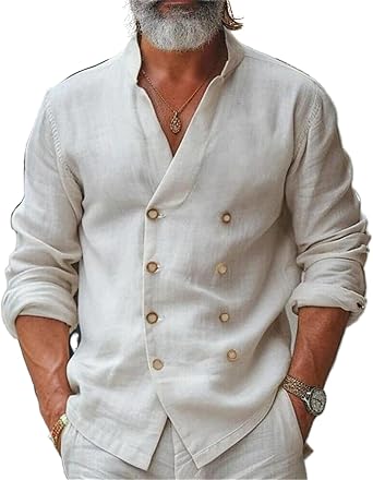 Double Breasted Cotton Linen Shirt for Men Stand Collar Long Sleeve Casual Solid Color T-Shirts Tops