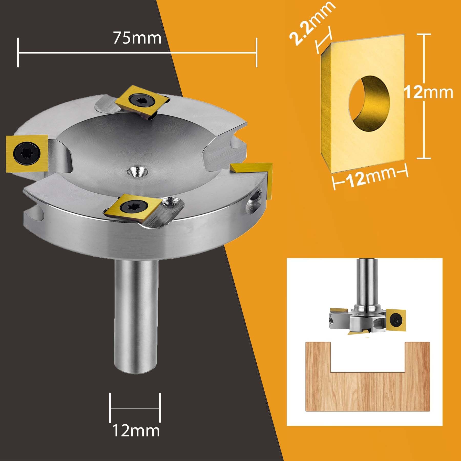 SpeTool Niklowany frez czołowy 12 mm trzpień 75 mm średnica cięcia frez powierzchniowy z powłoką ATS frez strugowy, frez czołowy do frezarki górnowrzecionowej z płytkami dwustronnymi 2 + 2 flety frez