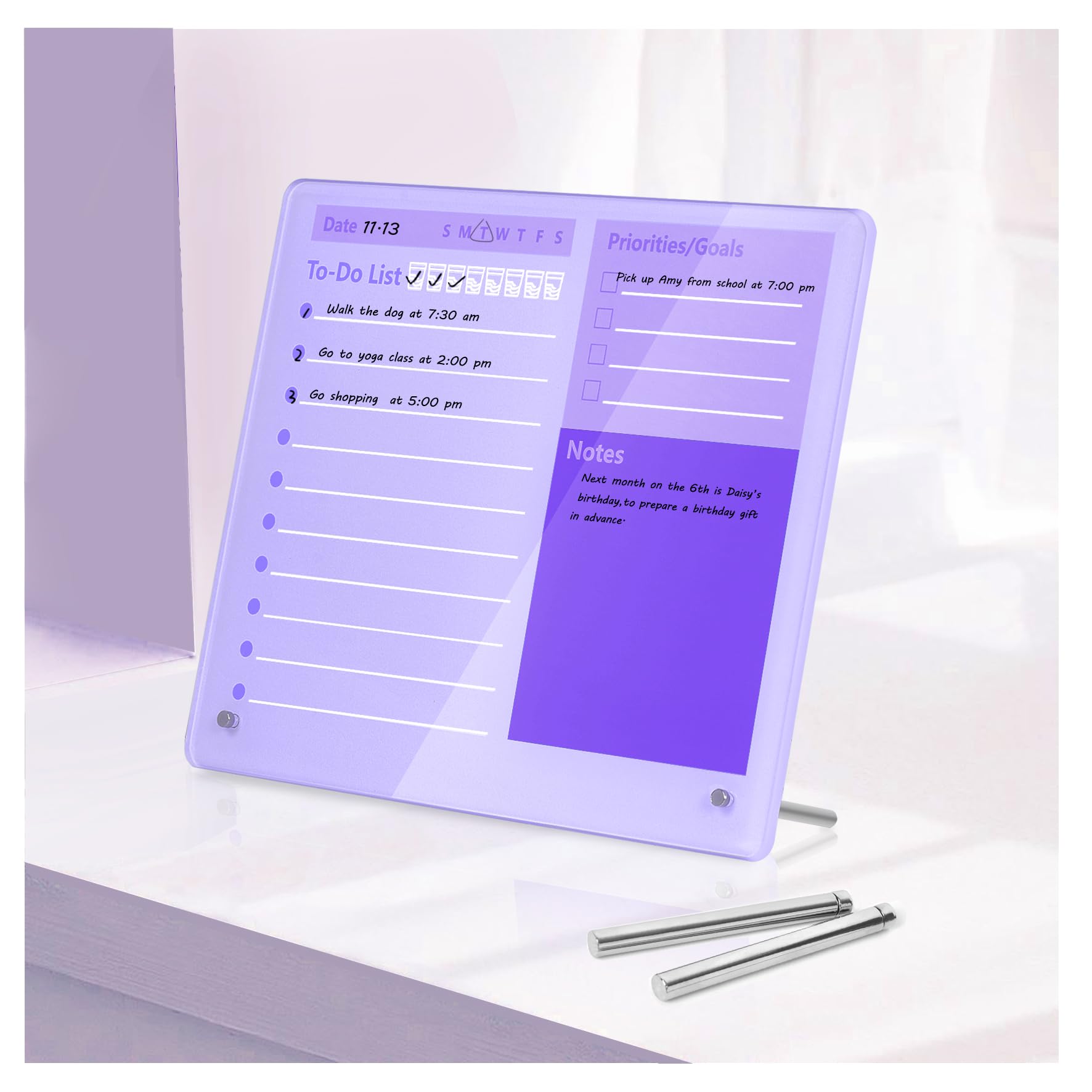 Desktop Thick Acrylic Dry Erase Board to Do Planning Board, 12" x 10", Desktop White Board with Stand, Frameless Purple Dry Erase White Board for