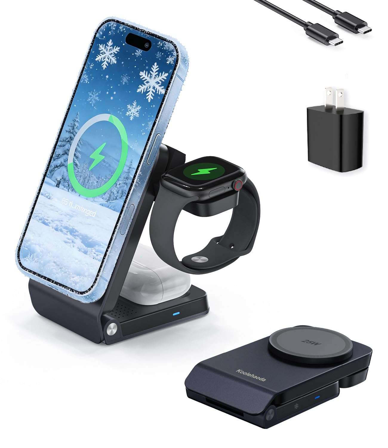 Koolehaoda Qi2.2 25W Caricatore Wireless Magnetico Compatibile con MagSafe | 3 in 1 Stazione di Ricarica Pieghevole con Raffreddamento Attivo TEC per iPhone 17-12/Apple Watch/AirPods, con Adattatore 45W