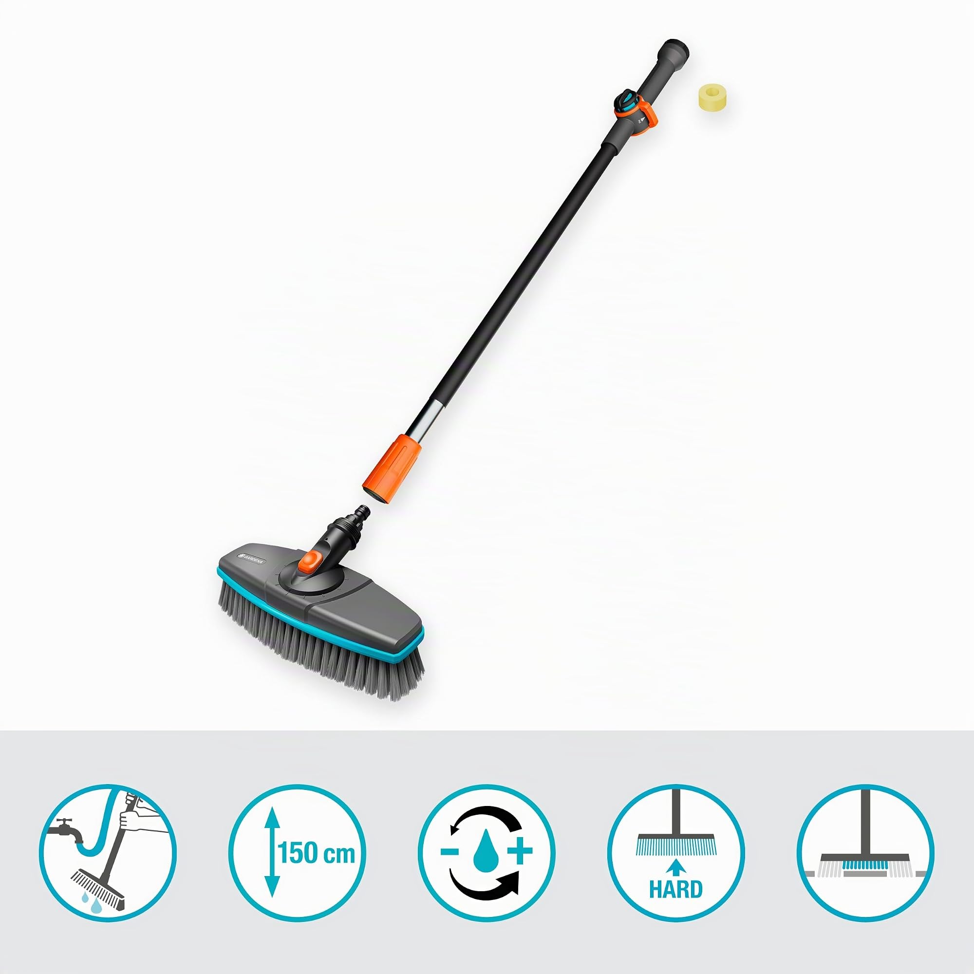 Gardena Cleansystem Set de Lavado de 150 cm y Cepillo Acoplable Duro: práctico Set de Limpieza,Ideal para Limpiar con Agua de Forma eficaz Superficies Grandes y robustas,barritas de champú(18828-20)