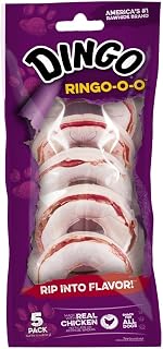 Dingo Ringo-o-o Rawhide Dog Chews with Real Chicken - Fun Ring Treats for Small, Medium & Large Dogs, 5-Pack