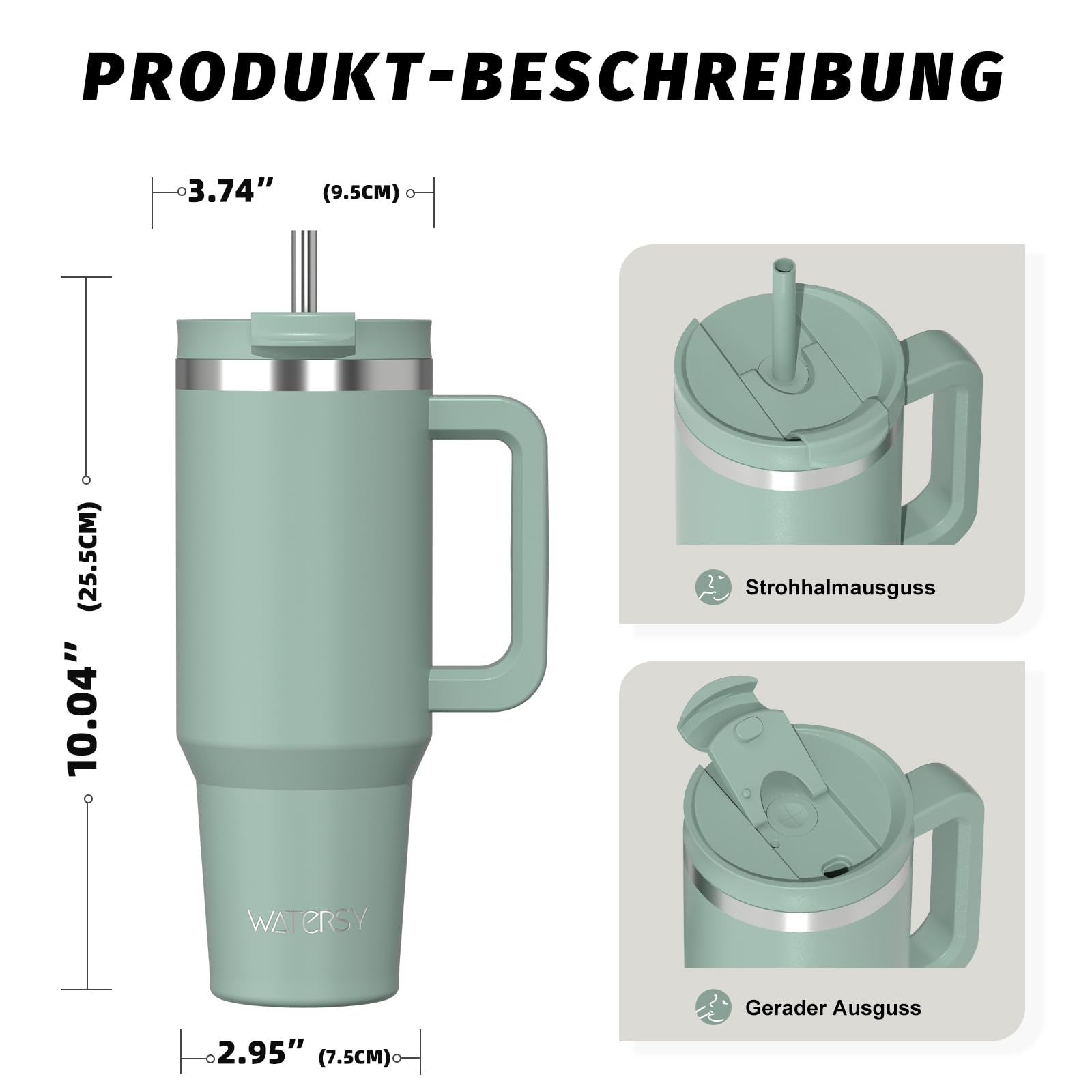 Watersy Bouteille Isotherme Inoxydable 1,2 L avec 2 Pailles, Gobelet à Café anti-Fuite, Isotherme Sous vide avec Couvercle à vis sans BPA, Gourde Rafraîchissante Pendant 12 Heures, Vert Rétro