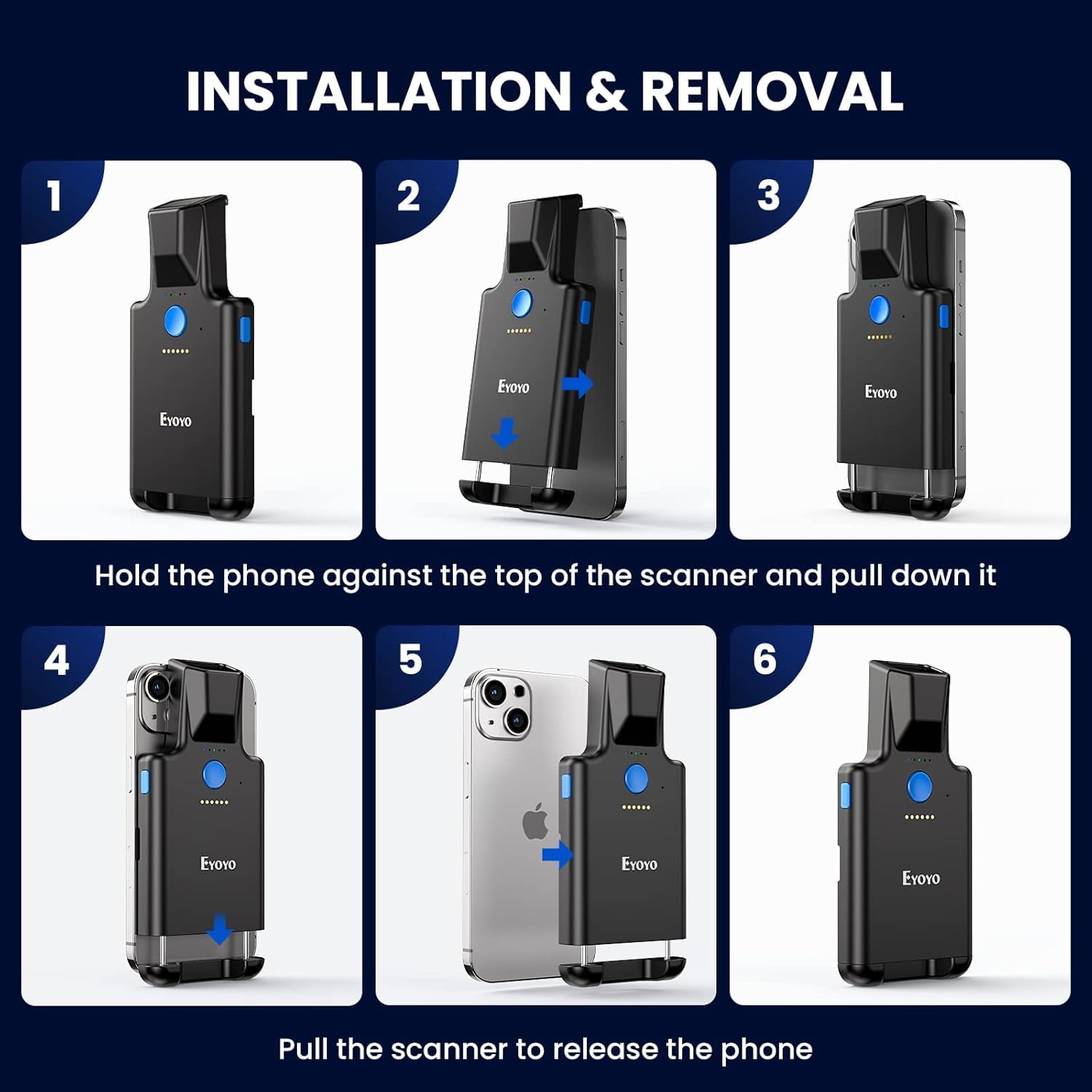 Eyoyo 2D Backclip Bluetooth Barcode Scanner, Barcodeleser für Handy mit 1600 mAh Akku, QR 1D Wireless Code Scanner für Android iOS iPhone