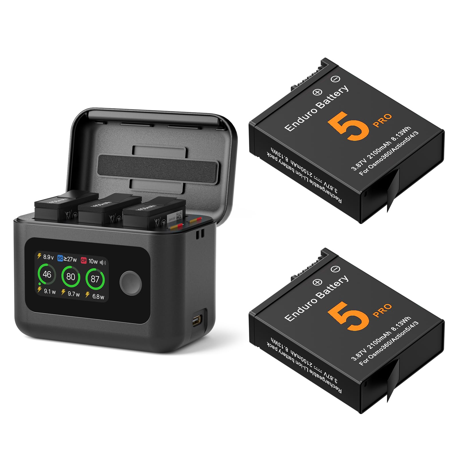 YDW Osmo 360 Battery(2 Packs) with 27W Fast Intelligent Bi-Directional Charging Hub Compatible with DJI Osmo 360/Action 6/Action 5 Pro/Action 4/Action 3 w/LCD Display Shows Battery SOC