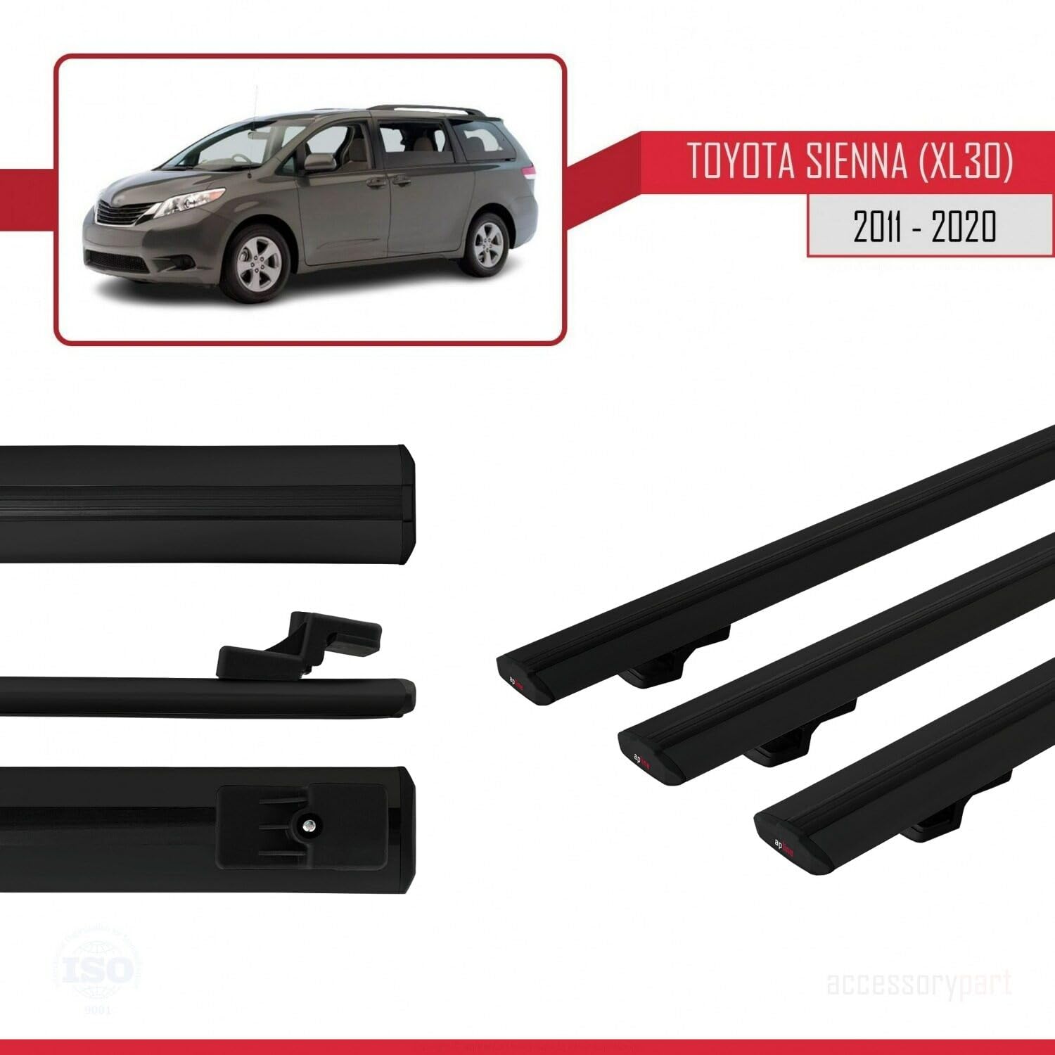 Kompatybilny z Toyota Sienna 3 (XL30) 2011-2020 BASIC Model Aluminiowy bagażnik dachowy 3 poprzeczki, czarne