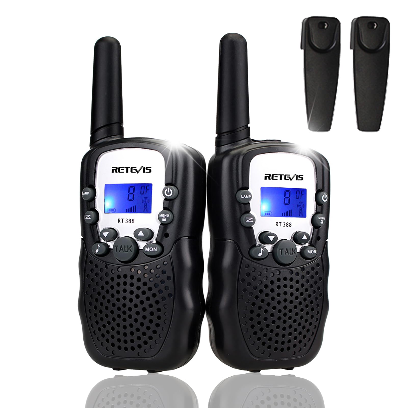Retevis RT388 Spielzeug 4-12 Jahren Junge, Walkie Talkie Kinder mit Hintergrundbeleuchteter 8 Kanäle VOX Taschenlampe, Funkgerät Geschenke für Weihnachten, Radfahren, Camping (1 Paar, Schwarz)