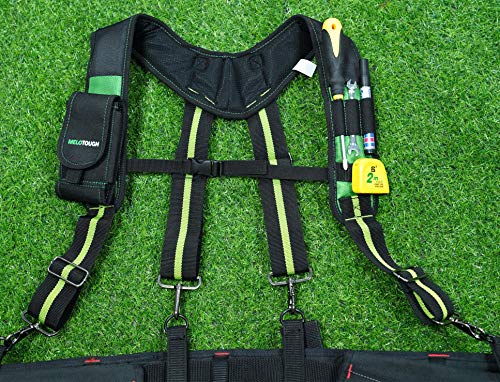 Image of MELOTOUGH Tool Belt Suspenders with Phone Holder Foam Pads for Construction | Construction Work Suspenders, Olive-Green, Foam-Padded, Reduce Shoulder Fatigue, Detachable Phone Holder, On-Hand Access