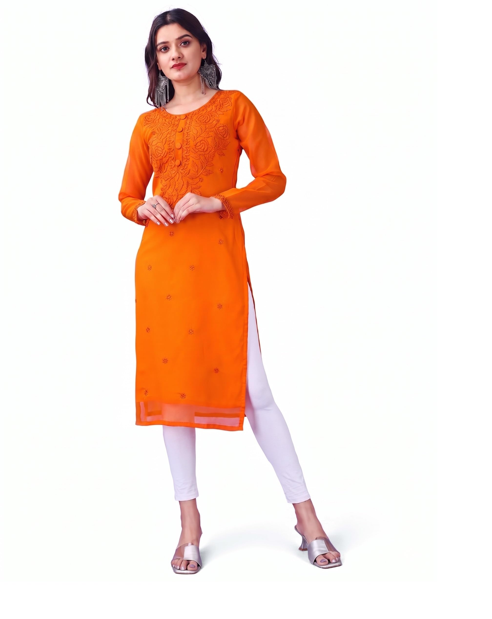 hesvi Women's Embroidered Georgette Straight Kurta | Round Neck | Full Sleeve | Knee Length Ethnic Kurti for Women-picture-12