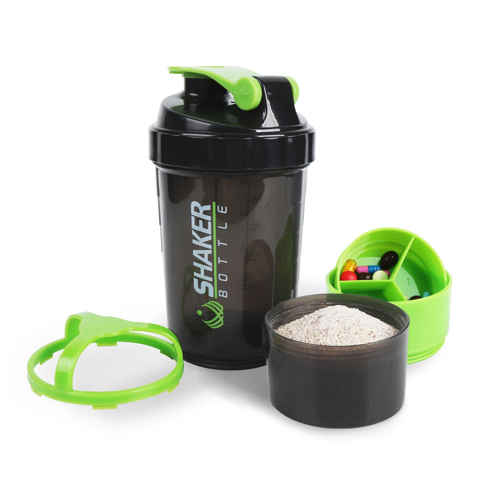 XTKS Shaker Bottle,16oz Protein Shaker Bottles with Mixing Ball, 3 in 1 Leak-proof GYM Shake Cup with Powder Storage & Pill Tray, Ideal for Workout,BPA Free（Green）