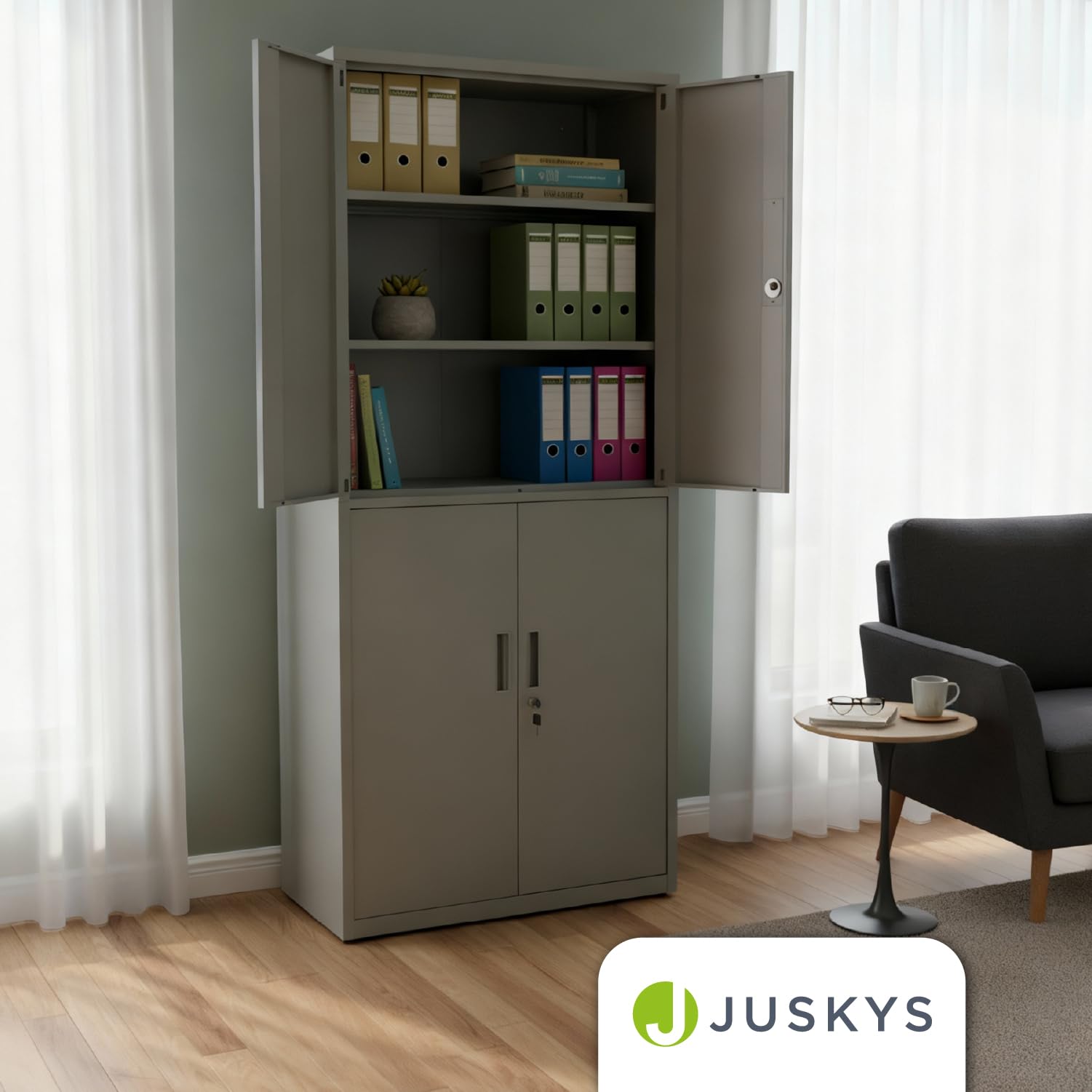 Juskys armadio in metallo 180x80x40 cm – armadio da ufficio con serratura, 2 ante, 3 ripiani regolabili e piedini regolabili – Grigio chiaro