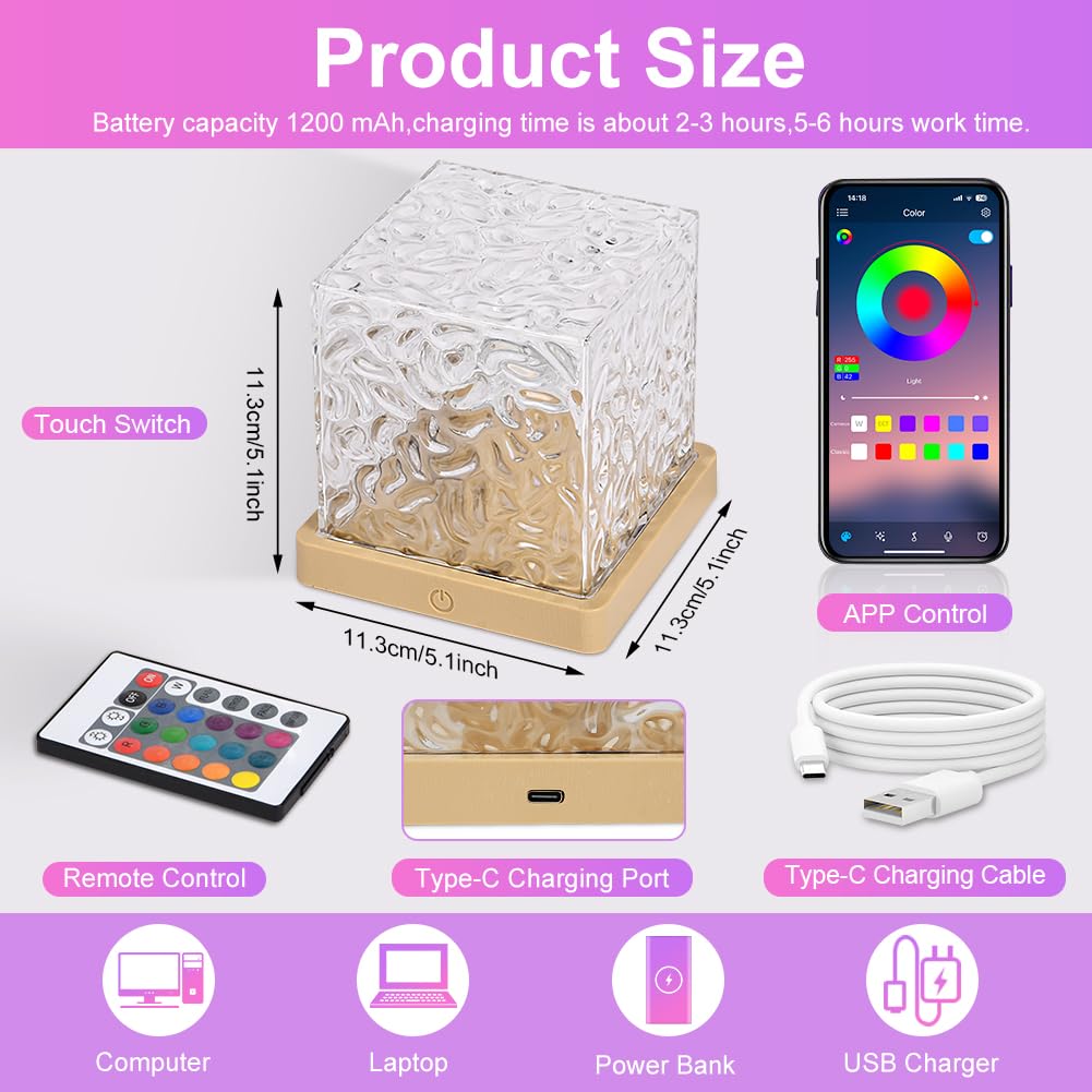 URAQT Luce Notturna con Increspatura dell'acqua, 16 Colori 30 Modalità, Luce 3D Rotante Dinamica Increspatura dell'acqua, con APP & Telecomando, Ricaricabile Dimmerabile Lampada Proiettore Bambini