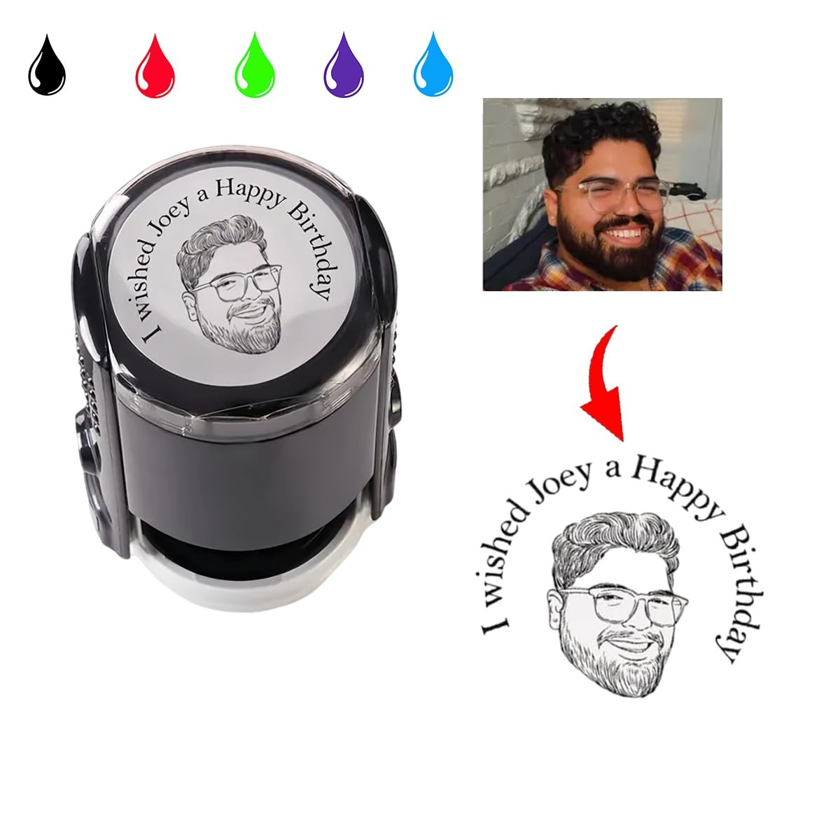 Custom Portrait Stamp from Photo - Customized Self Inking Stamper for Office Business Personalized Hand-Drawn Face Stamp Round