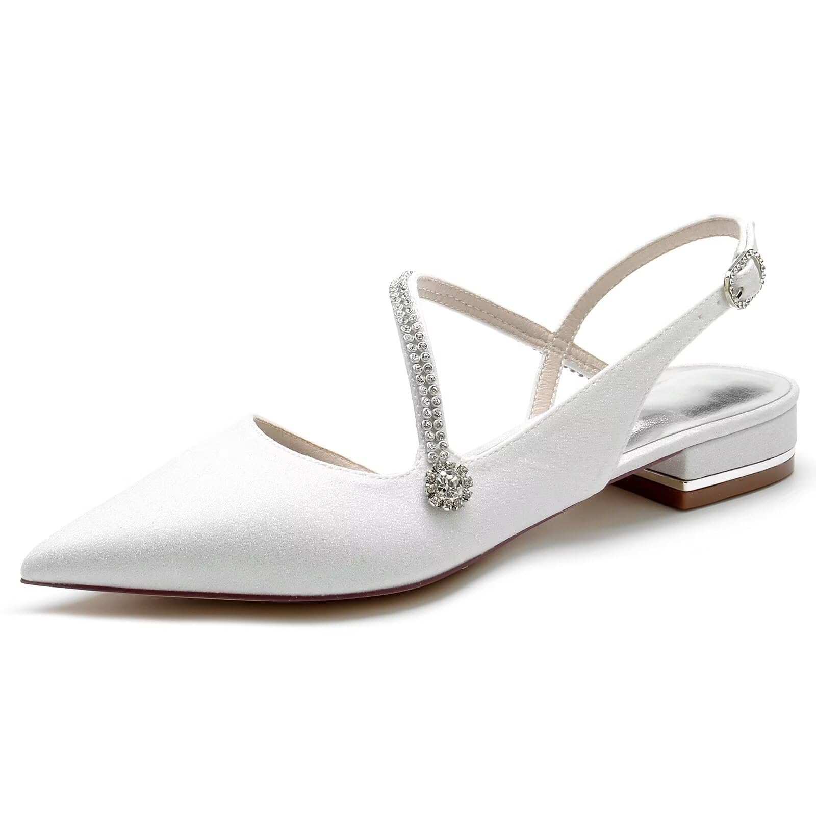 Zapatos planos de satén con abalorio para mujer, cómodos zapatos de novia blancos con correa al tobillo, zapatos de fiesta de graduación