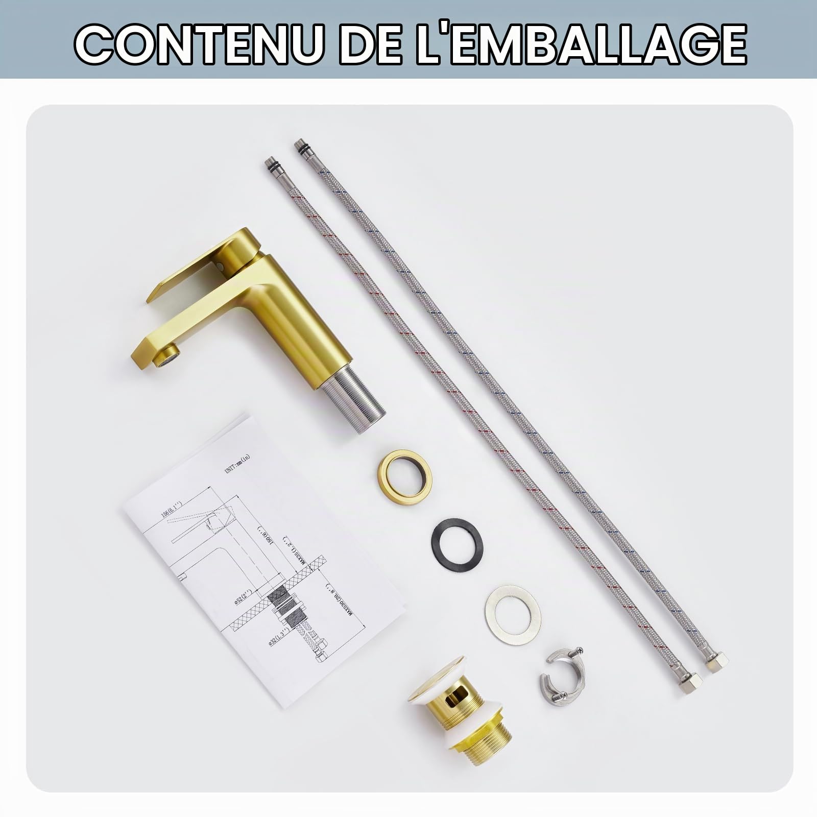 Robinet de Lavabo pour Salle de Bain Rectangulaire avec Pop-up Vidage, Mitigeur Monocommande Monotrou, doré