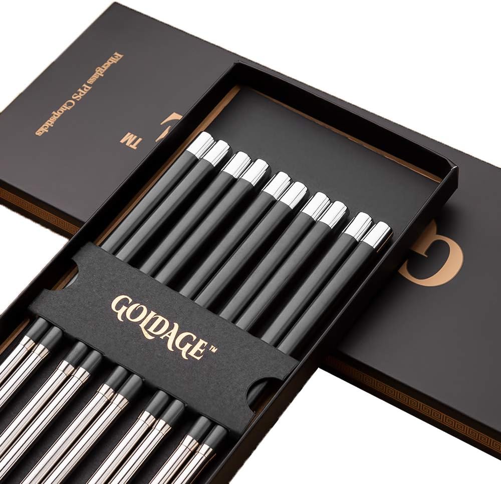 Goldage 5Pairs Stainless Steel Fiberglass DishwasherSafe Chopsticks