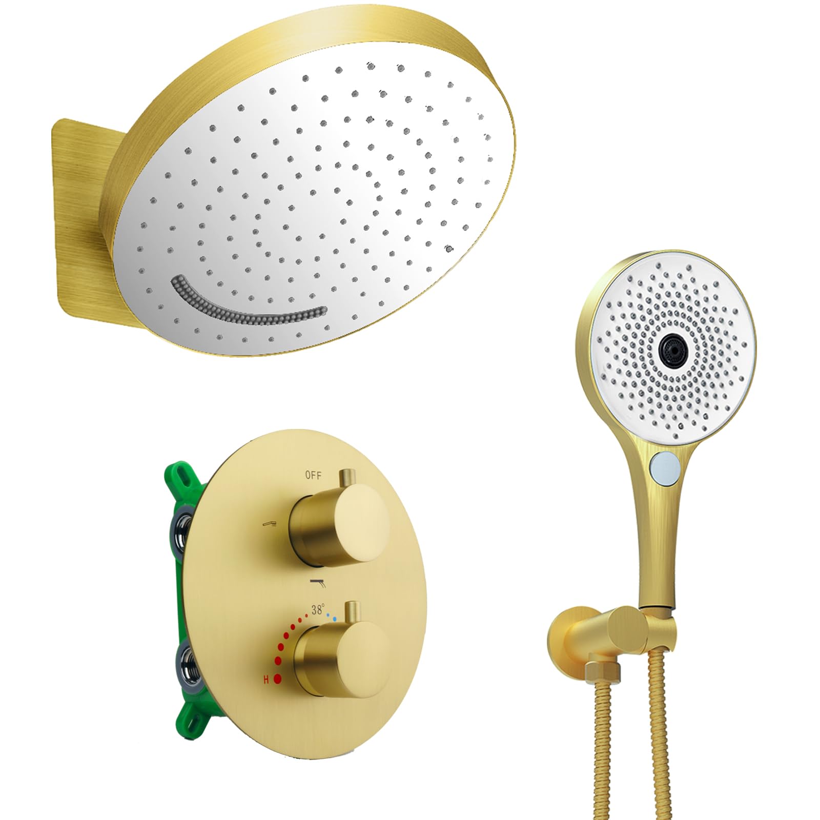 12 Inch Brushed Gold Rain Shower System Fixtures Wall Mounted Round ...