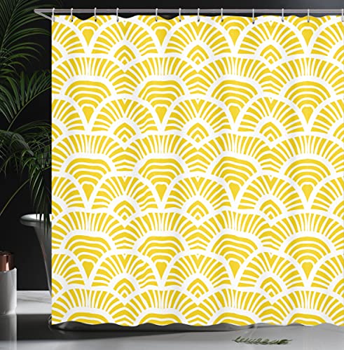 ABAKUHAUS Yellow Shower Curtain, Vintage Hand Drawn Style Art Nouveau Pattern Geometrical Retro Scales Japanese - Image 3