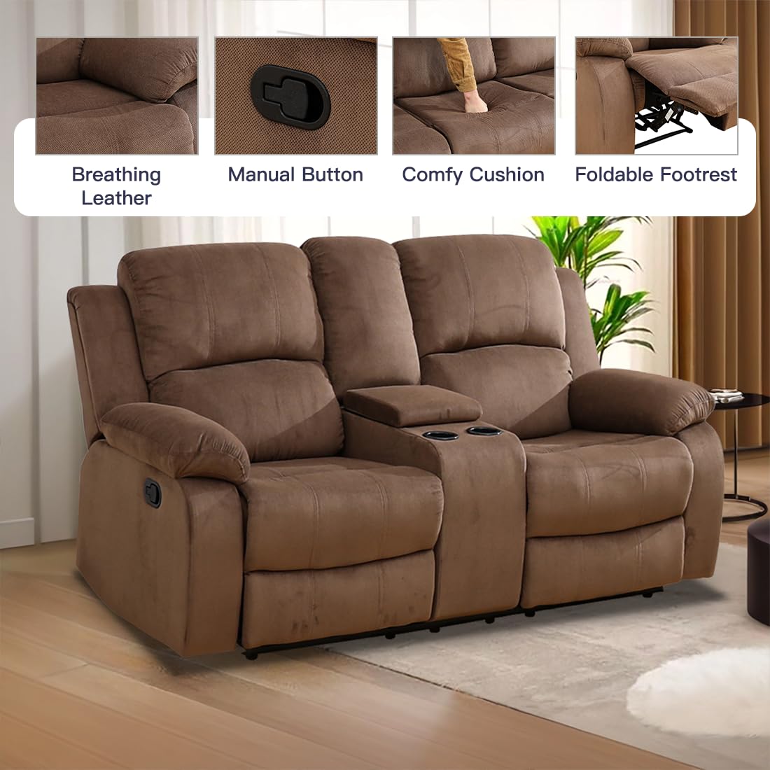 Toseslo Manual Recliner Loveseat Set, Living Room Furniture Sets, 2 Seater Modern Reclining Couches, Brown Corduroy Reclining Couch Sets with Storage Console/Cup Holder for Living Room/Apartment view 4