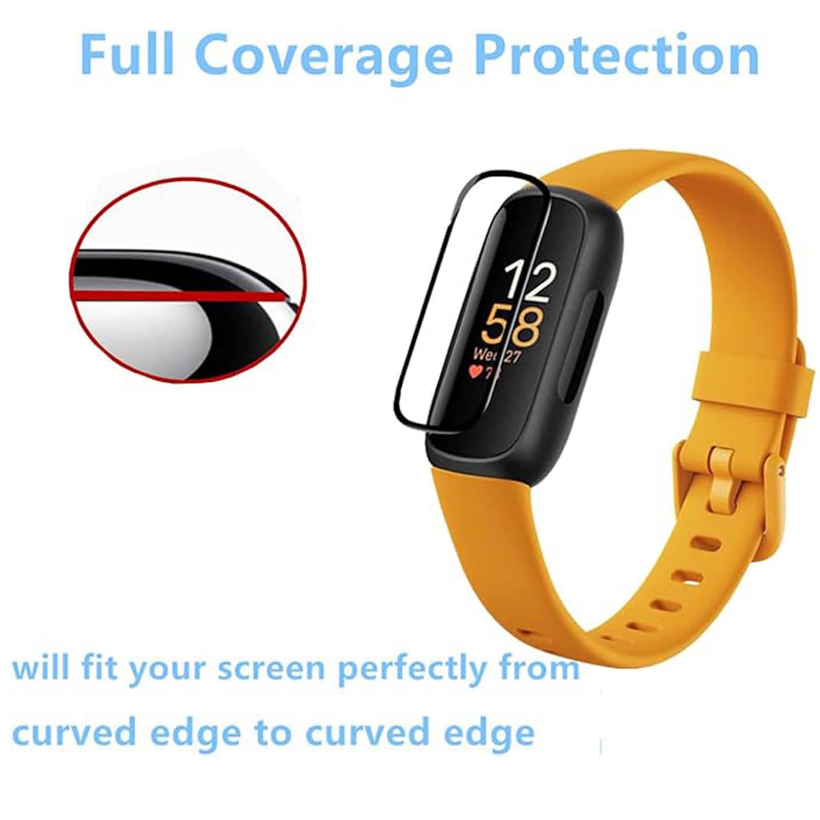 Pellicola protettiva per smartwatch Fitbit Inspire 3, trasparente, 99,99% HD, trasparente, 3D, curva, morbida, non in vetro, infrangibile, confezione da 3