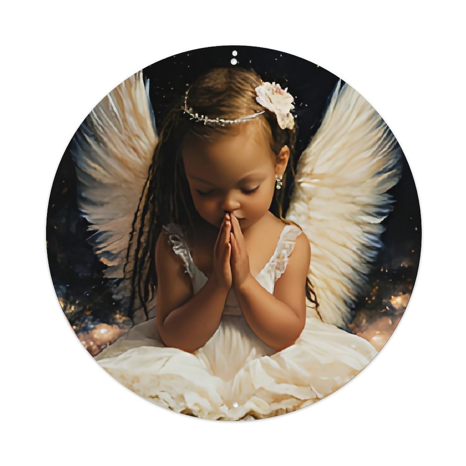 Angel Wings Child Prayer Starry Round Metal Tin Sign Vintage Wall Decor, Bar Garage Cafe Kitchen Home Wall Art Poster 8x8inches