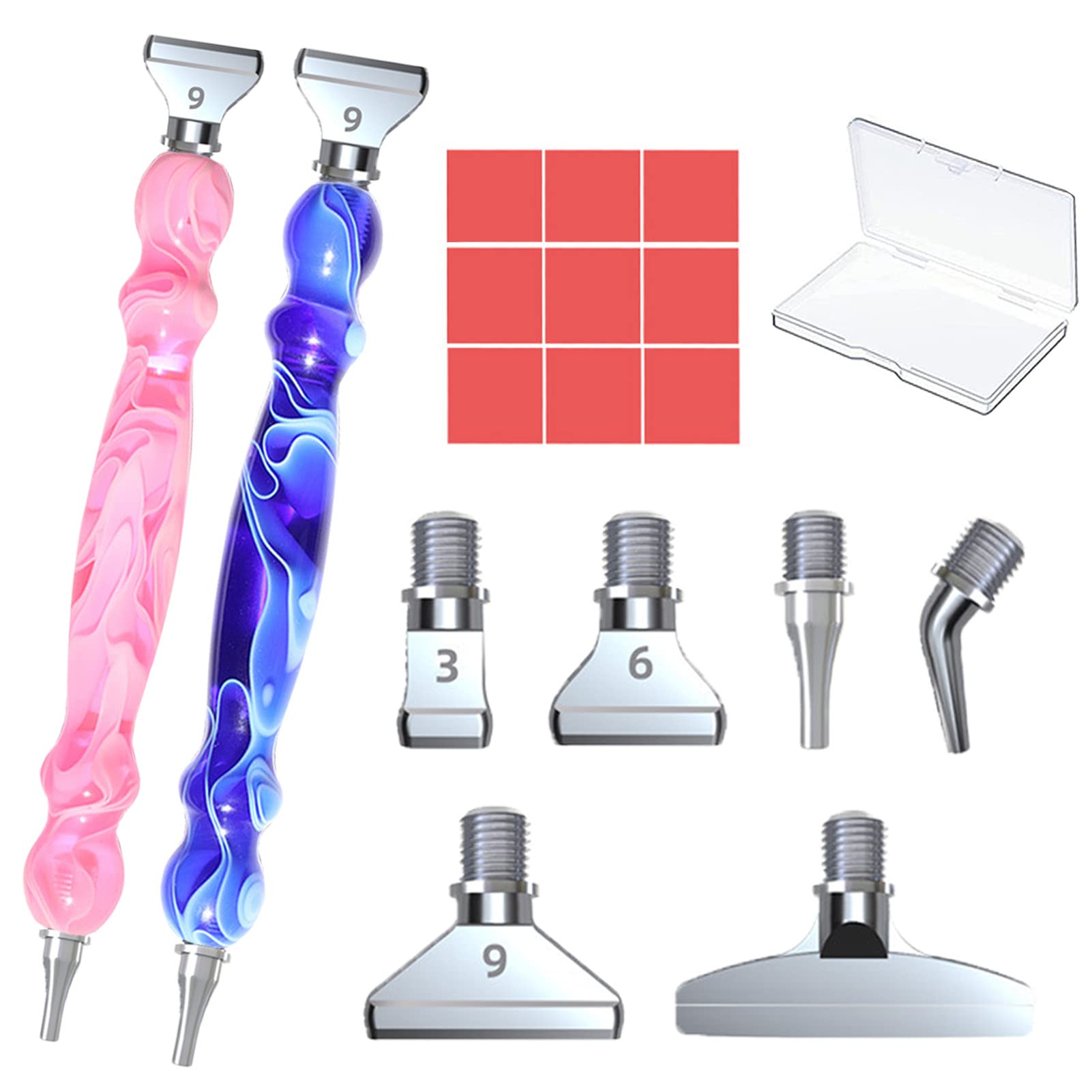 18pcs Metal Screw Thread Tips Diamond Painting Pen Accessories and Tools kit, 2 Resin Pen, 9 Painting Wax, 6 Metal Stainless Steel Tips, Supplies for DIY Craft, Comfort Grip (Pink+Blue+silver tips)