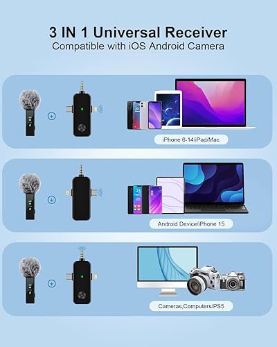 Miniatura 3 de Micrófono Lavalier inalámbrico, mini micrófono inalámbrico 3 en 1 para iPhone, Android, cámara, micrófono de solapa de retardo ultra bajo de 2.4 G