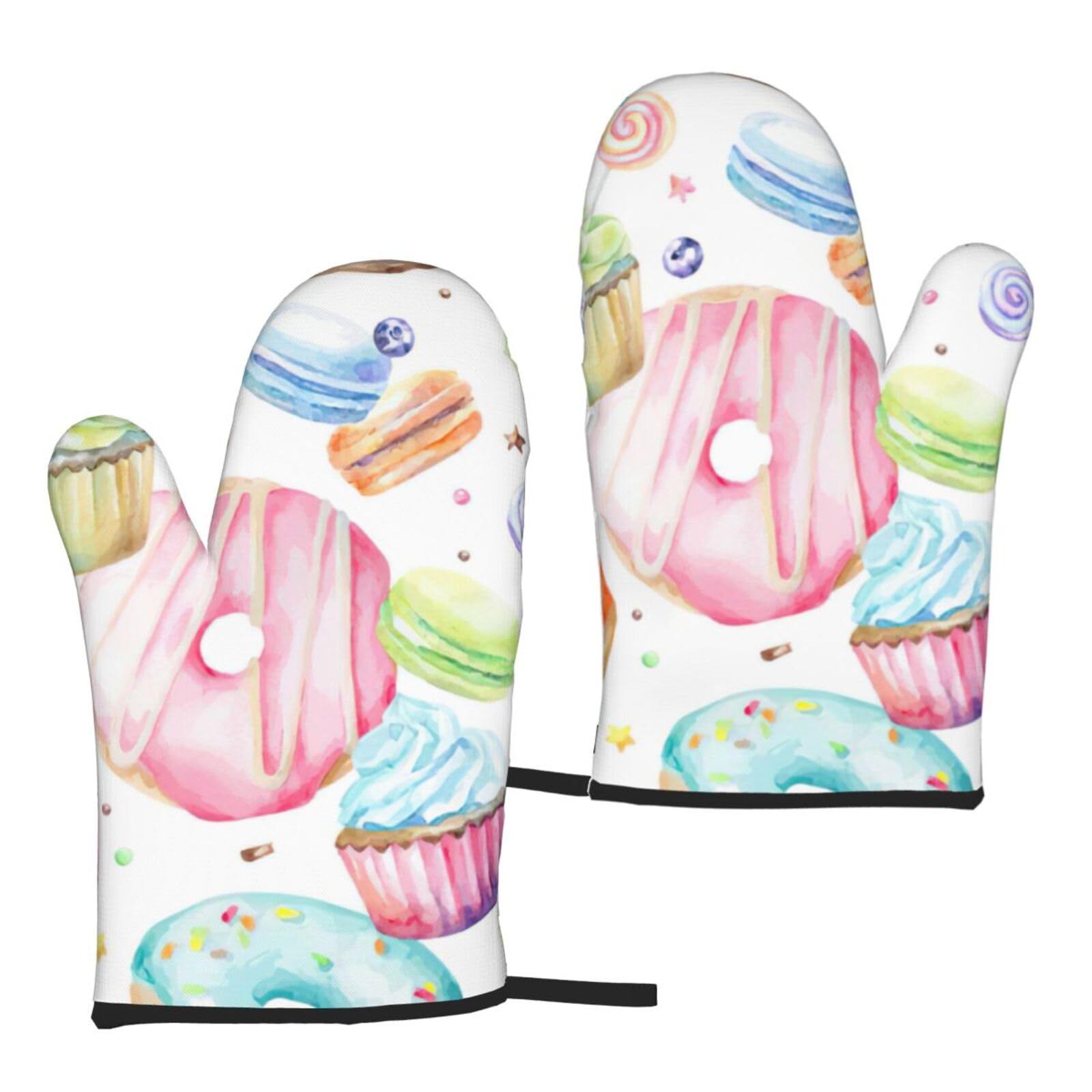 Nimongt Women's Black Cupcakes Donuts Muffins Sugar Print Adults Universal Fit Heat Resistant Oven Gloves Reusable Cooking Outdoor Grilling