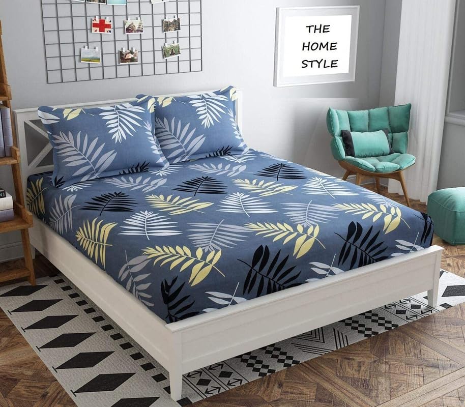Geeta Homes Premium Cotton Feel Glace Cotton 210 Tc Elastic Fitted Bedsheets with 2 Pillow Covers Double Bed with Corner Elastic Floral Pattren |Size-72X68+ 6 Inches Homes 2169