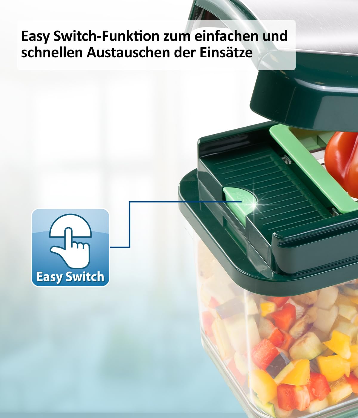 Genius Nicer Dicer Exclusive krajalnica do warzyw, 15-częściowa, krajalnica do pomidorów, zestaw 4 wkładów, tarka gruba i szatkownica + pojemnik na ścinki 2500 ml, zielona